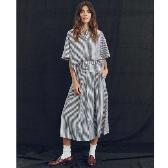 THE GREAT. Dresses & Skirts - The Great Atlas Button Up Shirt and Field Midi Skirt Set Navy Stripe Womens 1 S